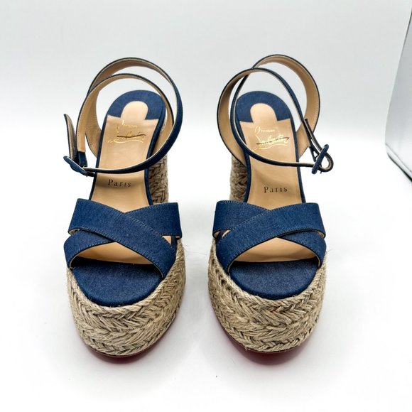 Christian Louboutin Super Mariza Denim Platform Red Bottom Espadrilles Sz 37 - Picture 6 of 12